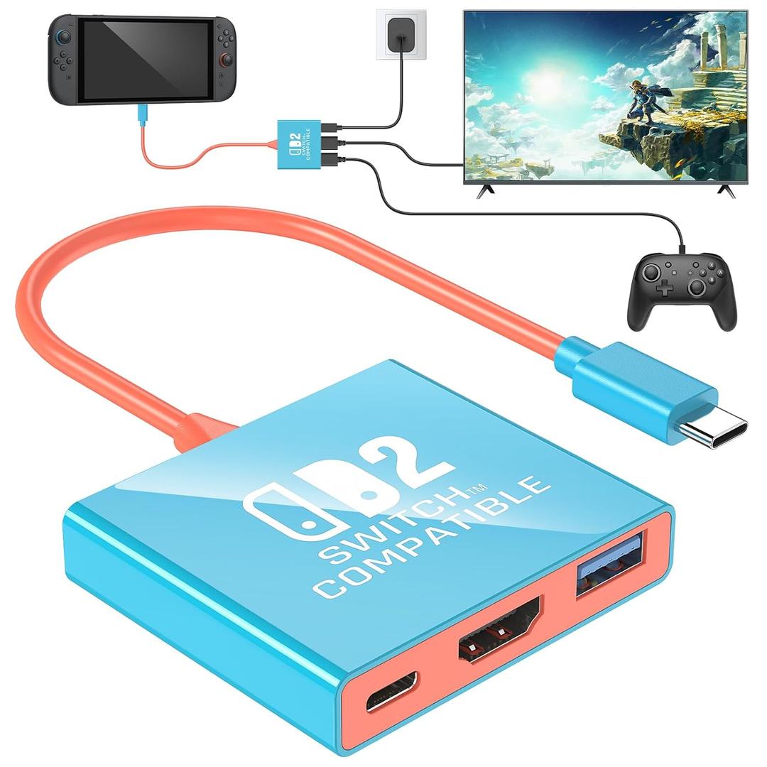 Switch 2 TV Dock, Travel Accessories for Nintendo Switch 2 Docking Station, Support 4K@60Hz TV Mode, Portable TV Adapter for Home/Travel/Party with HDMI 2.0/PD 100W/USB 3.0 Port