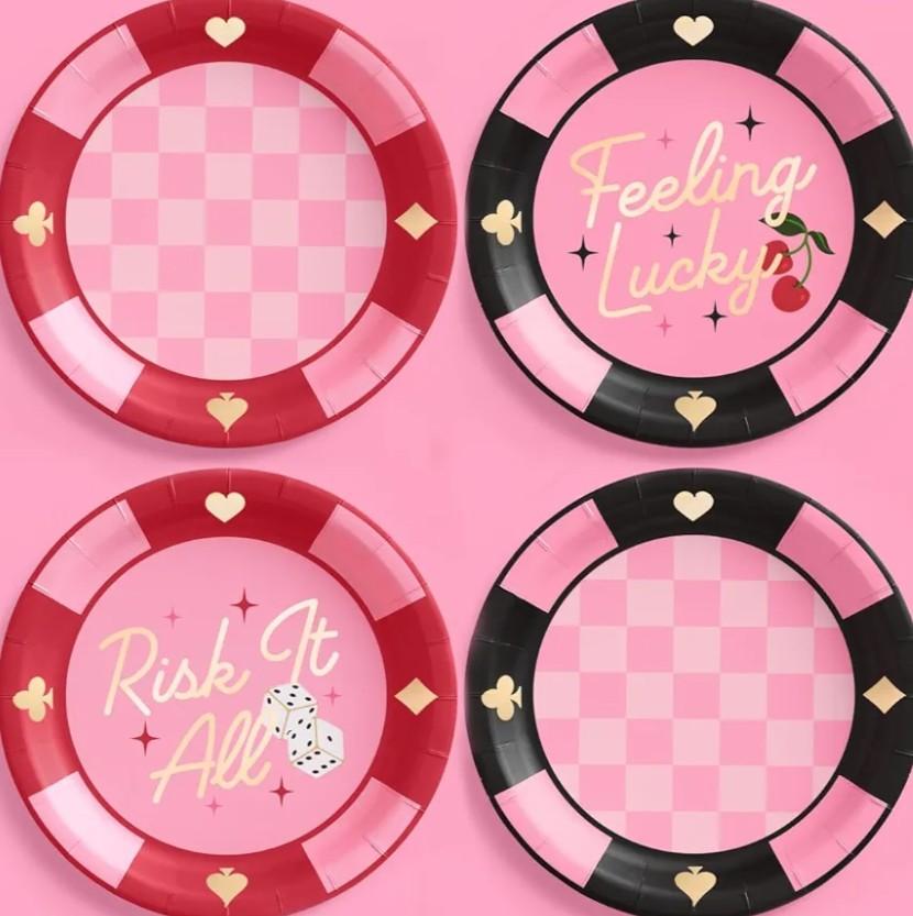 xo, Fetti Feeling Lucky Paper Plates - 24 pcs | Casino Bachelorette Decoration, Vegas Birthday Party Tablescape, Poker Night Bach Decor