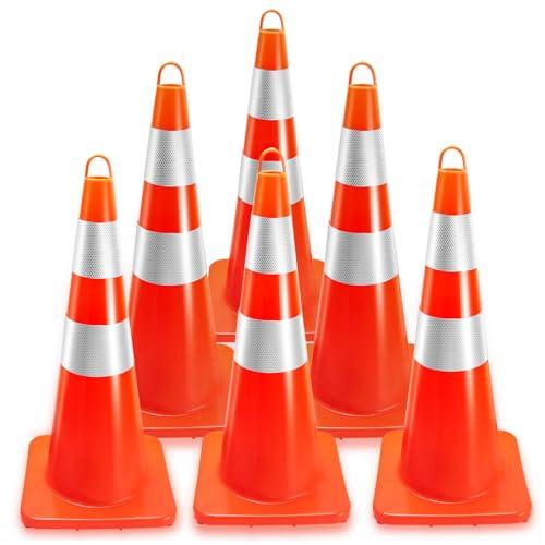 Traffic Safety Cones 28 Inch, Orange Street Cones, Large Road Cones, PVC Traffic Cones Heavy Duty Construction Cone for Parking Lot, Driveway, Construction Events - 6 Pack Highway Cones