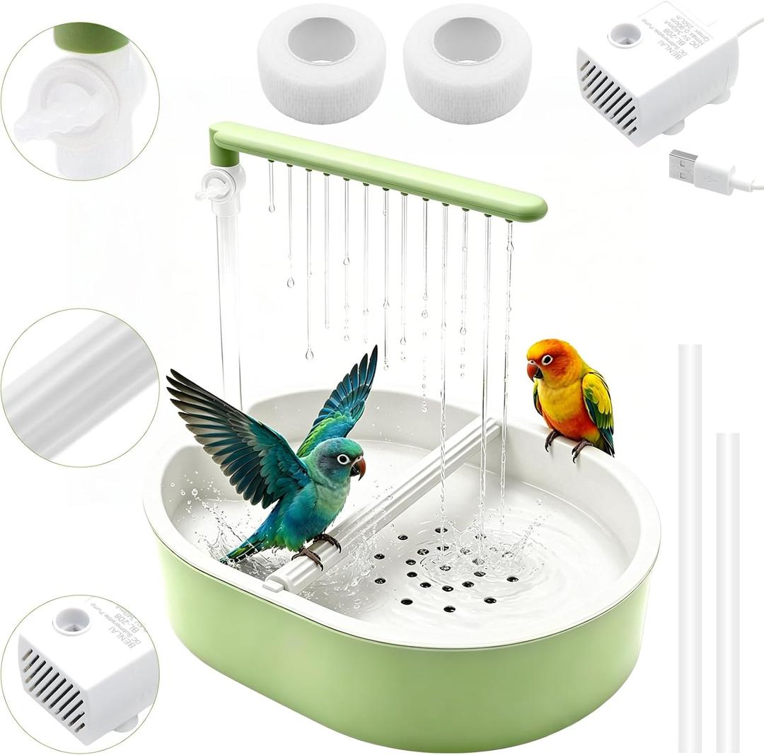 Automatic Bird Bath with Quiet Pump,Parakeet Bird Bathtub for Cage with Adjustable Shower Head & Water Flow Valve,Large Bird Baths Detachable for Easier Cleaning,BPA-Free