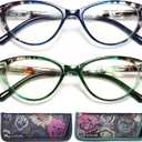 EYEURL Cat Eye Reading Glasses for Women 2 Pack Blue Light Blocking Readers for Ladies Spring Hinge Fashion Pattern +1.50 Anti Eyestrain UV Protection
