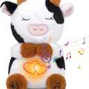 Breathing Cow Stuffed Animal, 11inch Cow Plush Soothing Stuffed Animal with Calming Music, Lights, Soft Breathing Plush for Kids, Adult (3-Levels Mode & Volume) (Black and White)