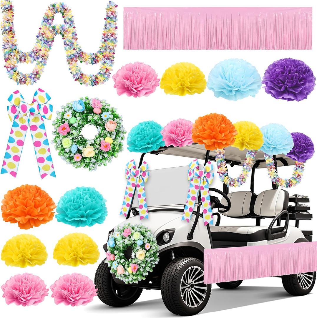 Suncalla 16 Pcs Easter Golf Cart Decorations Spring Party Decorations Festival Bowties Pastel Wreath Tinsel Garland Fringe Tissue Paper Flowers for Golf Cart Party Supplies Decor