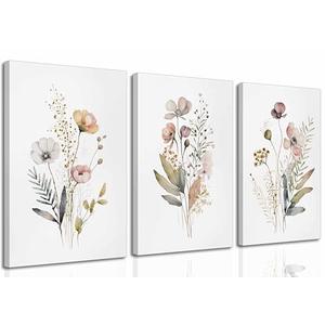 3Pcs Watercolor Wildflower Canvas Wall Art Modern Minimalist Colorful Botanical Floral Painting Pictures Wall Decor Flower Posters Print Artwork for Living Room Bedroom Woman's room Home Decoration