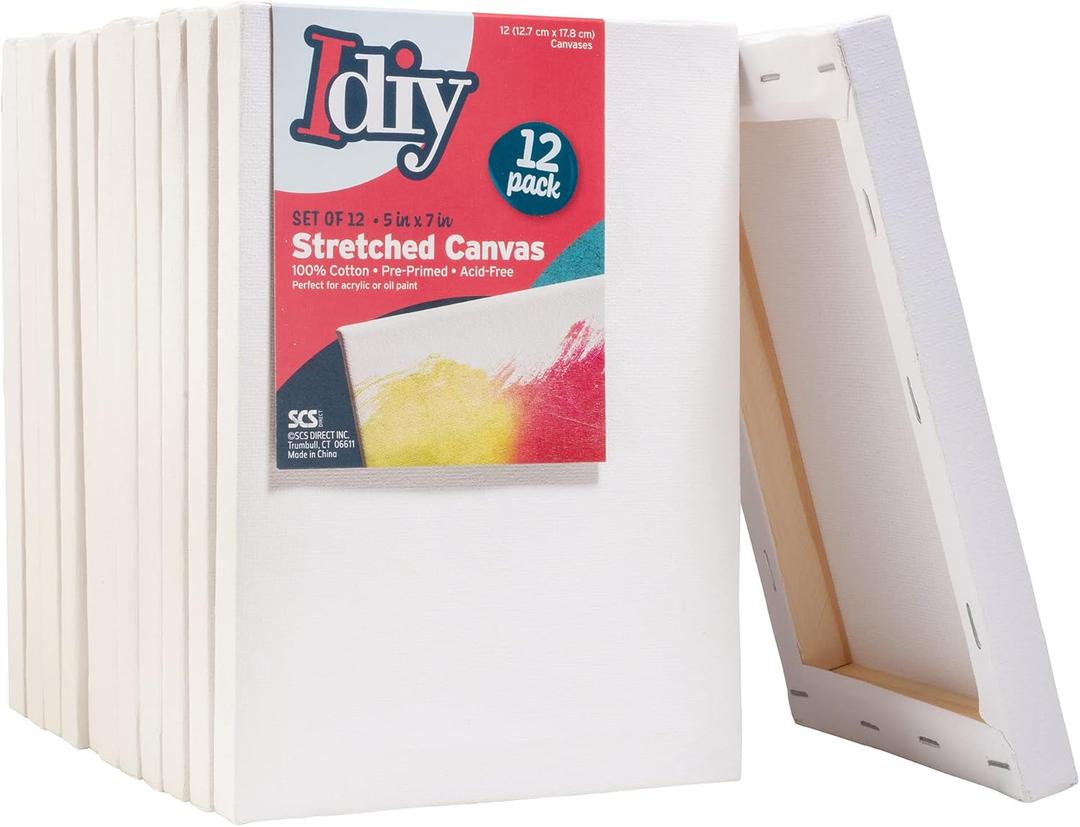 iDIY Stretched Canvas Board 5 x 7 (Set of 12) 5/8" - Classic White Blank, Pre Primed for Oils or Acrylics, 100% Cotton, Acid Free - Professional Grade for Painting or Art Project, Craft, Mixed Media