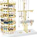 Jewelry Organizer Stand, Metal Rotating Earring Holder Organizer, Multi-Functional Adjustable Necklace Rack Holder Bracelet Watch Holder for Jewelry Earrings Ring (Gold) (Golden-White Wood)