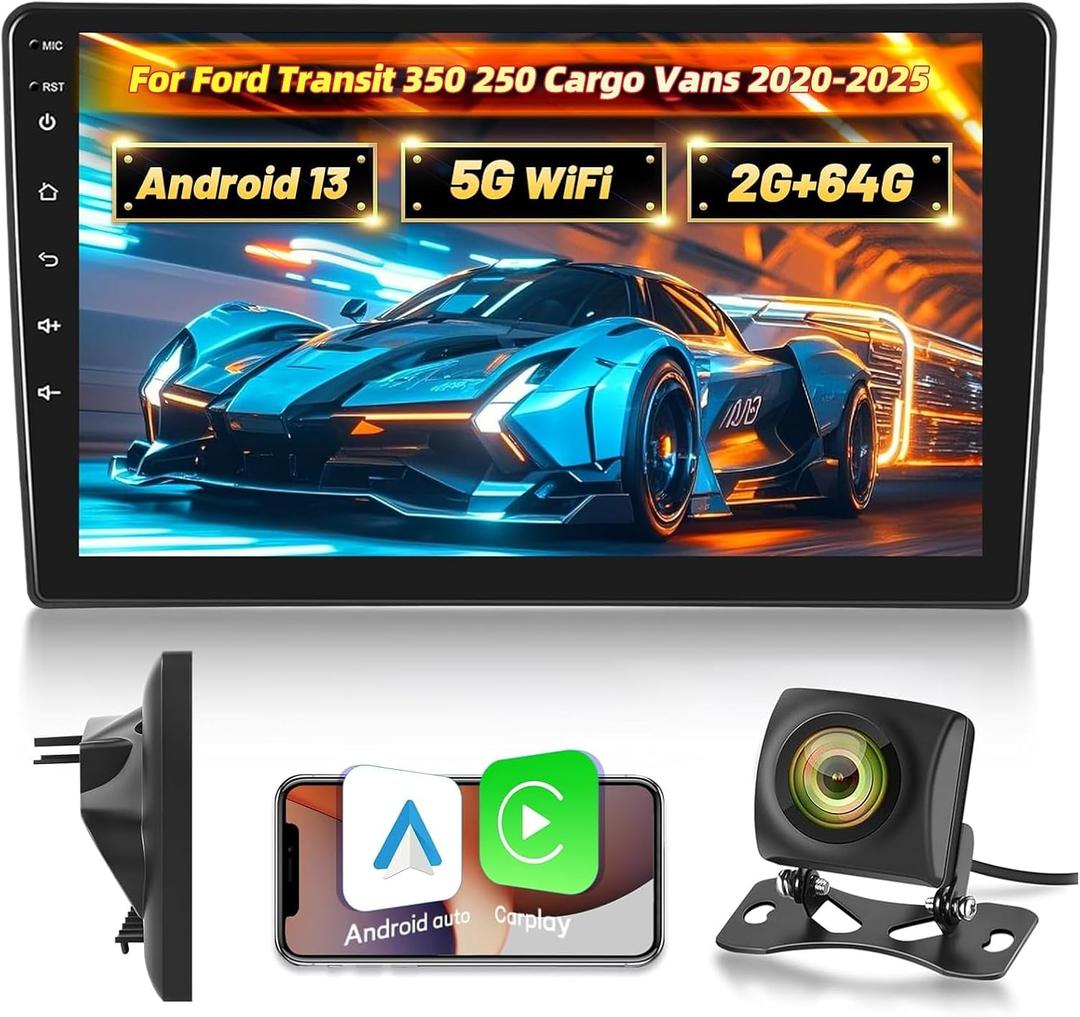 EKAT Android Car Stereo for Ford Transit 350 250 Cargo Vans 2020 2021 2022 2023 2024 2025 - Wireless Carplay & Android Auto - 10 Inch Touchscreen Radio with EQ DSP, WiFi, GPS + AHD Backup Camera