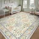 9x12 Area Rugs, Machine Washable Low Pile Floral Rugs for Living Room, Bedroom, Large Boho Area Rug with Non-Slip Backing for Dining Room(Beige Floral)