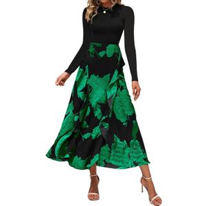 BTFBM Womens Floral Maxi Dress Fall 2025 Casual Crewneck Long Sleeve Ruffle Flowy Cocktail Wedding Guest Dresses (Medium, Big Floral Green)