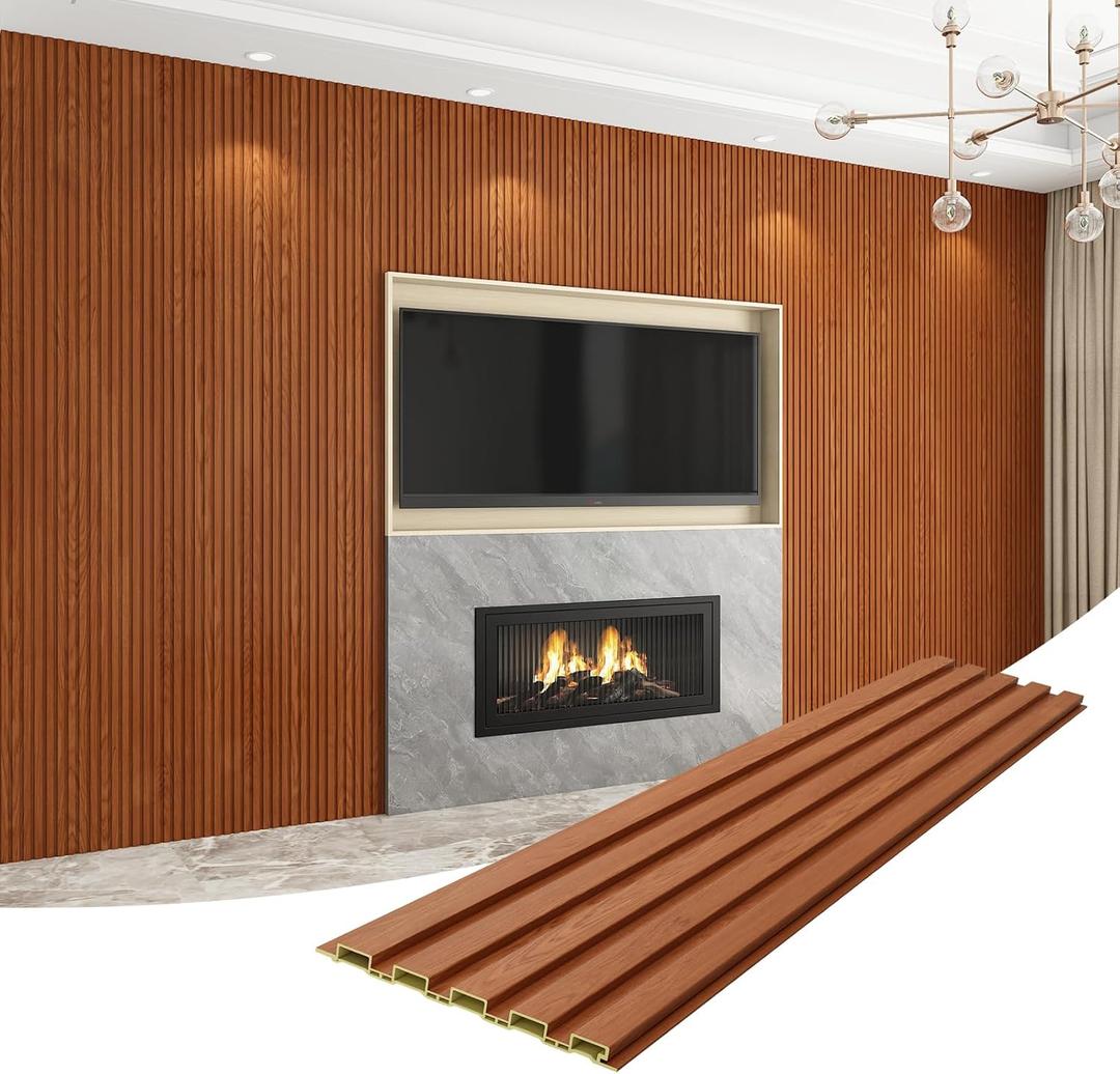 8-Pack WPC Wall Panels 108 x 6.3 3D Slat Wall Panel Acoustic Wall Paneling for Interior Wall Decor TV Background Kitchen Bedroom Teak