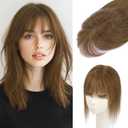 S-noilite Hair Toppers for Women Real Human Hair, 100% Real Human Hair Toppers with Bangs for Women with Thin Hair,2.25"*6" Lace Silk Base 8 inch Medium Brown