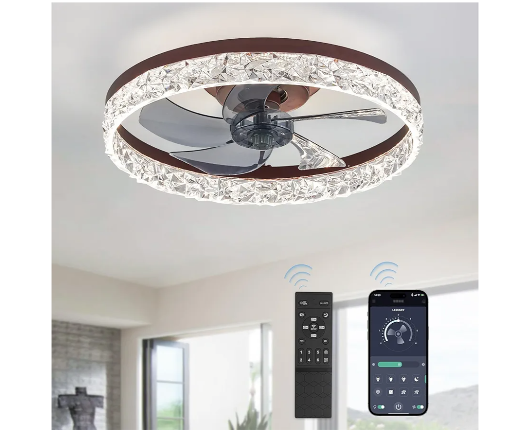 LEDIARY 20" Modern Ceiling Fans with Lights and Remote, Dimmable Low Profile Ceiling Fan, Flush Mount Ceiling Fan, Stepless Color Temperature Change and 6 Speeds - BrownAmazon's Choice