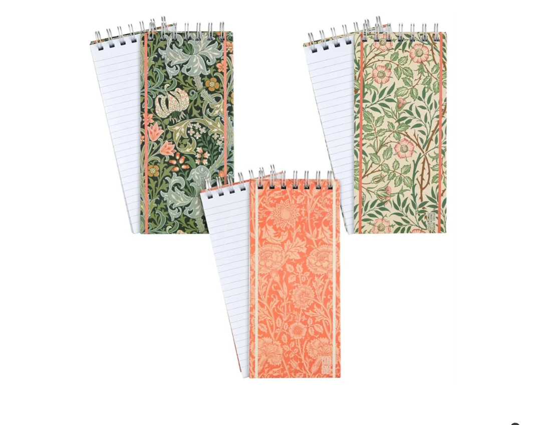 The Gifted Stationary Skinny Notebook Set - 3-Pack Spiral Top Notepads, Hard Cover (8.4 x 3.75 in, 100 Sheets/200 Pages) - William Morris Inspired - Portable Long Thin Notebook for Lists & Notes