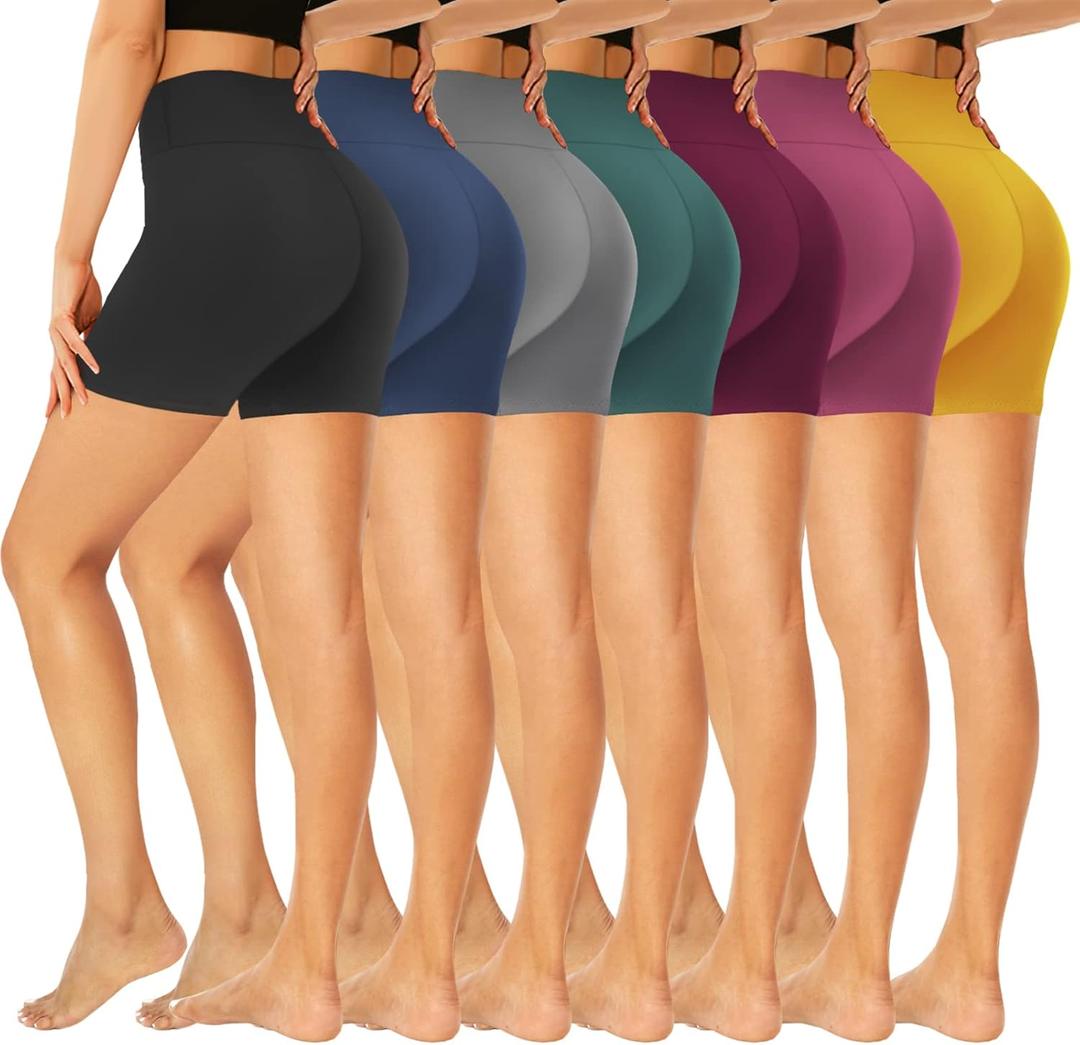 GROTEEN 7 Pack High Waisted 5''/8'' Biker Shorts for Women - Buttery Soft Black Workout Yoga Running Spandex Yoga Shorts (XX-Large, 03-7 Pack Black/Gray/Navy/Rose Pink/Purple/Yellow/Dark Green)