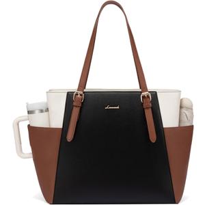 LOVEVOOK Laptop Tote Bag for Women With Large Cup Holder, Leather Work Tote Bag for Women,15.6 Inch Professional Computer Briefcase Business Teacher Commuter Shoulder Bag,Office Travel Gift (Black-white-brown)