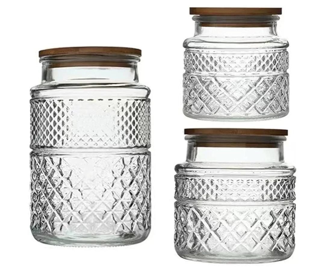 Livejun Glass Storage Jars Vintage Embossed Canisters Food Cereal Storage Containers with Bamboo Lid, Decorative Jars for Kitchen Counter,Pantry,Set 3Piece Glass Jars in 60 oz/40 oz/20 oz (Round)