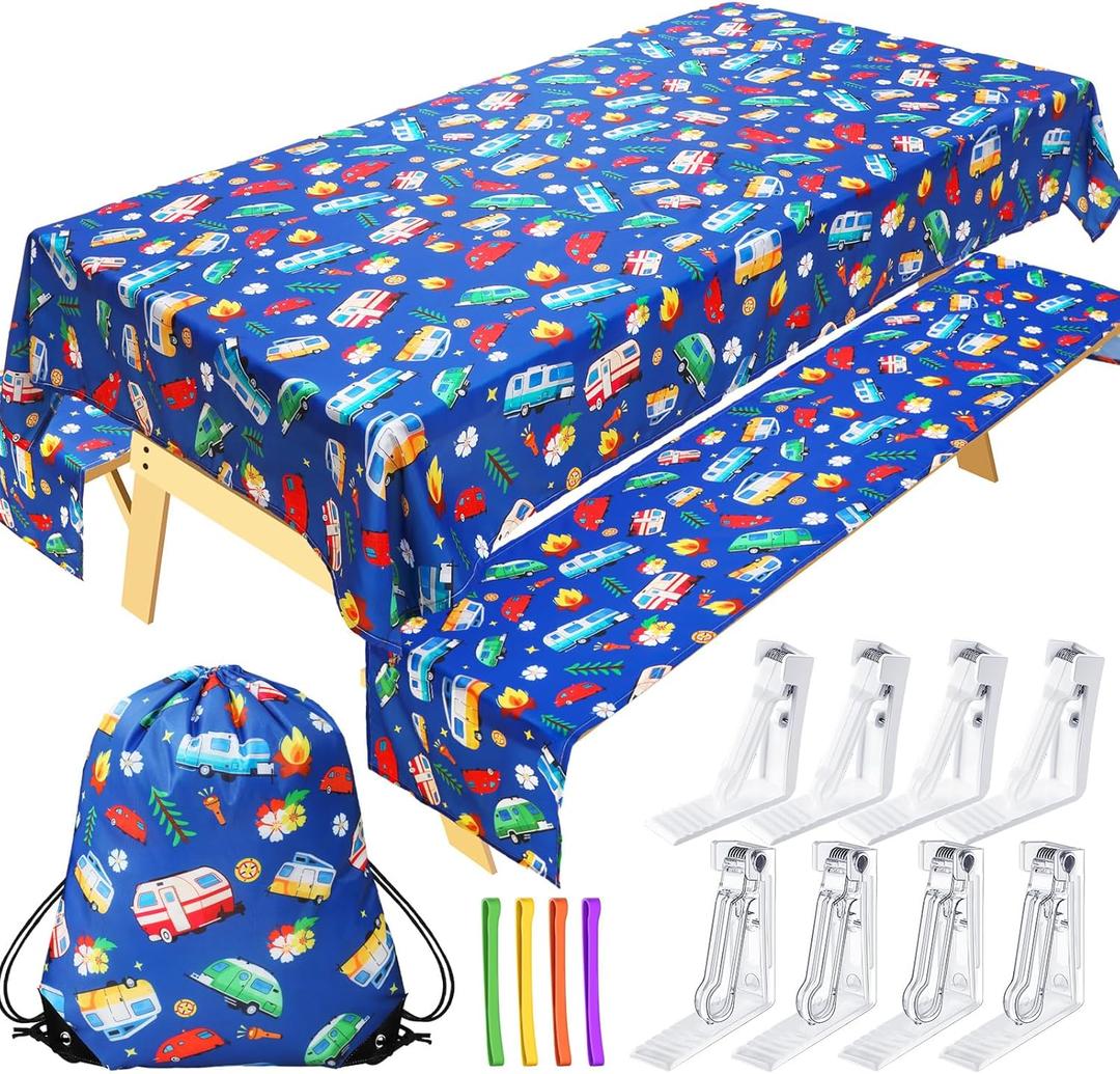 Tudomro Camping Tablecloth with Picnic Bench Covers, Fits 4ft to 7ft Picnic Tables, Washable Reusable Polyester Table Cloth for Camping, Includes Storage Bag and Clip (Vivid Style)