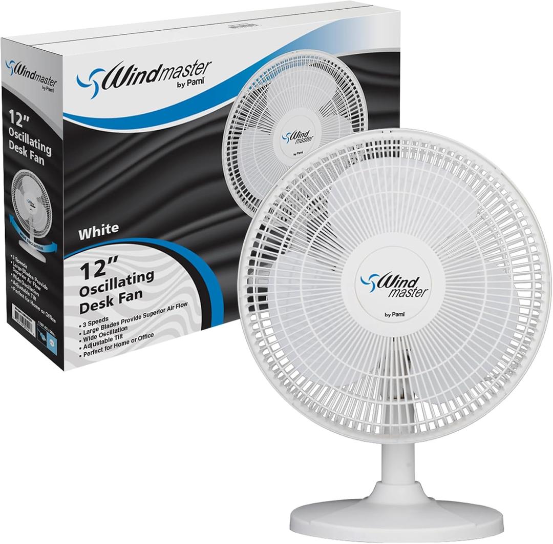 PAMI Oscillating Desk Fan - Portable Table Top Fan With 3 Speed Levels, Large Blades & Adjustable Tilt- Max Air Flow Office Desk Fan- Electric Cooling Fan For Bedroom Home Dorm Office (White, 16'')