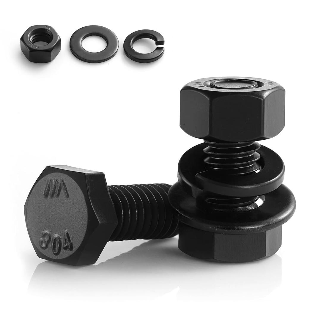 3/8-16 x 1 Hex Head Screws Bolts,Hex Nuts,Flat & Lock Washers,304 Stainless Steel 18-8,Black Zinc Plated,Fully Threaded(12 Sets)