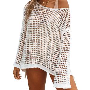 Bsubseach Crochet Cover Ups for Women Sexy Hollow Out Swim Cover Up Knit Summer Outfits One Size White