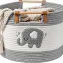 Large Blanket Basket 35L Cotton Rope Basket with Wooden Handles Woven Baskets for Kids Stuffed Animal Toys Storage for Nursery, Laundry Hamper Clothes Baby Hamper Boys Gift Basket Empty, (Elephant