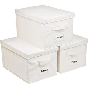3 Pcs Closet Storage Bins with Lids & Lable & Handles, 15" 22 Quart Collapsible Fabric Stackable Storage Bin Cube Organizer Lidded Organizing Boxes Storage Containers (Large-3 Pack, Beige)