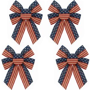 4pcs Patriotic Star Wreath Bows, Red Linen Blue Stripe Burlap Bows for 4th of July, Labor Day, Memorial Day, Veterans Day, Door & Window Decor