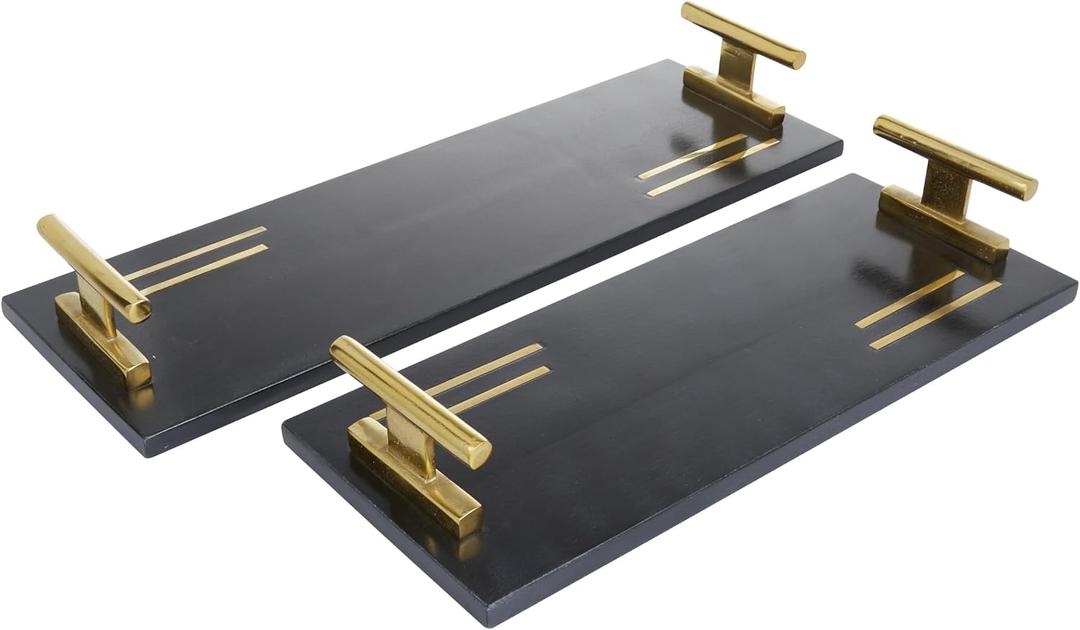 Deco 79 Marble Living Room Decor Tray Ottoman Tray with Gold Handles, Set of 2 Serving Tray 22", 18"W, Black