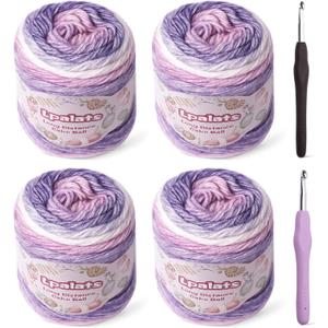 Ombre Yarn for Crocheting - 4x100g Soft 60% Cotton 40% Acrylic Yarn - 962 Yds Gradient Cake Yarns for Knitting Shawls Blankets Sweater with 2 Crochet Hooks (4, Purple Gradient)