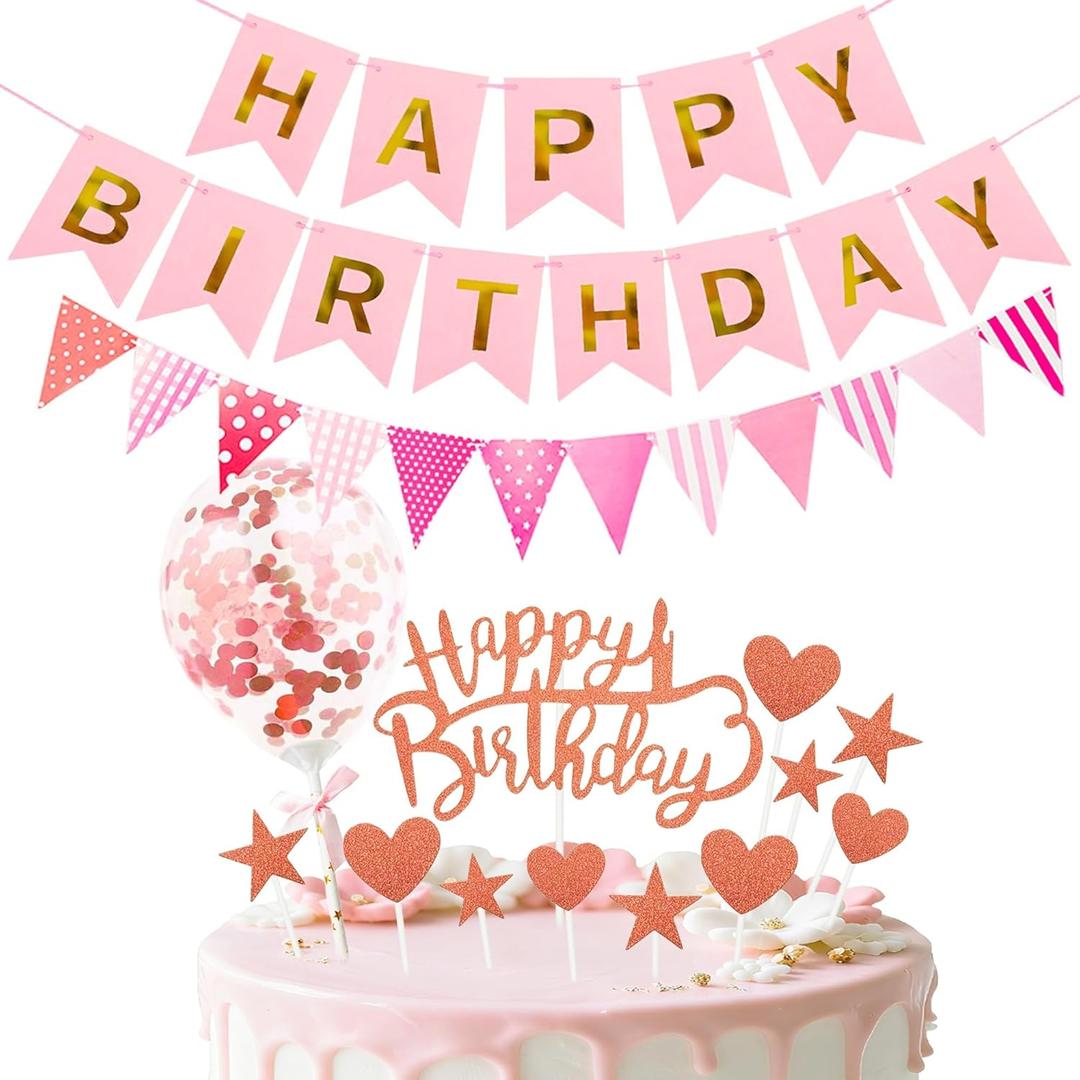 14 Pcs Pink Happy Birthday Cake Topper - Heart Star Cake Decoration with Happy Birthday Banner, Pennant & Confetti Balloon for Birthday Party Cake Decor Supplies