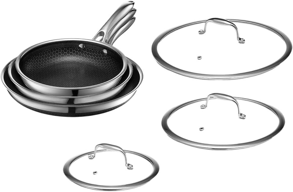 HexClad Hybrid Nonstick 6-Piece Fry Pan Set, 8, 10, and 12-Inch Frying Pans with Tempered Glass Lids, Stay-Cool Handles, Dishwasher-Friendly, Induction-Ready, Compatible with All Cooktops