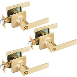 EHOMEWARE 3 Pack Brushed Brass Door Handles Privacy Door Knobs Bed or Bath Door Levers, Gold Door Handles for Interior Door Use, Reversible Handing