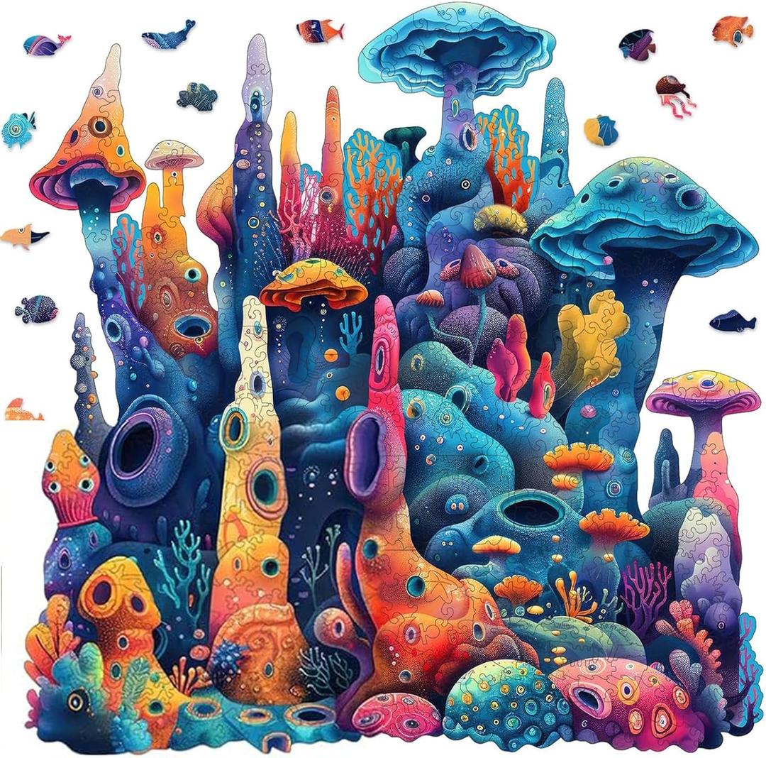 Qiuenisray Wooden Puzzles for Adults, Coral Ocean Jigsaw Puzzles 200 Pieces, FSC Certified Beautiful Wall Decor Puzzles, Irregular Creative Gift for Adults Family Game 11 x 11.2 in