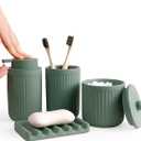 INGOFIN 4 Pcs Ceramic Bathroom Accessory Set - Liquid Soap Dispenser, Toothbrush Holder,Contain Cotton Swab Jar & Soap Dish,Countertop Accessories for Home, Guest Bathroom, Office, Matte Green