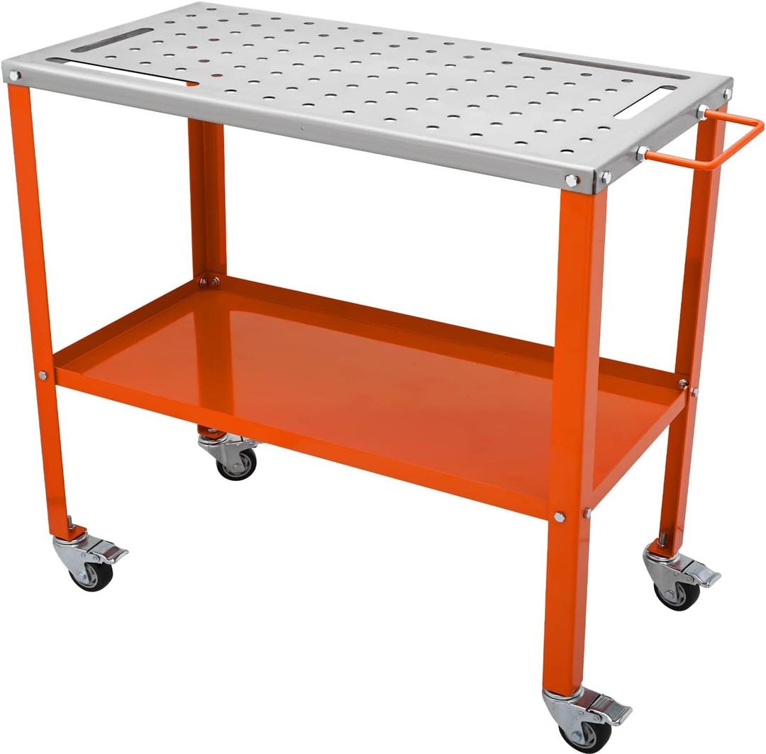 VEVOR Welding Table 36"x18", 1200lbs Load Capacity Steel Welding Workbench Table on Wheels, Portable Work Bench with Braking Lockable Casters, 4 Tool Slots, 5/8-inch Fixture Holes, Tool Tray