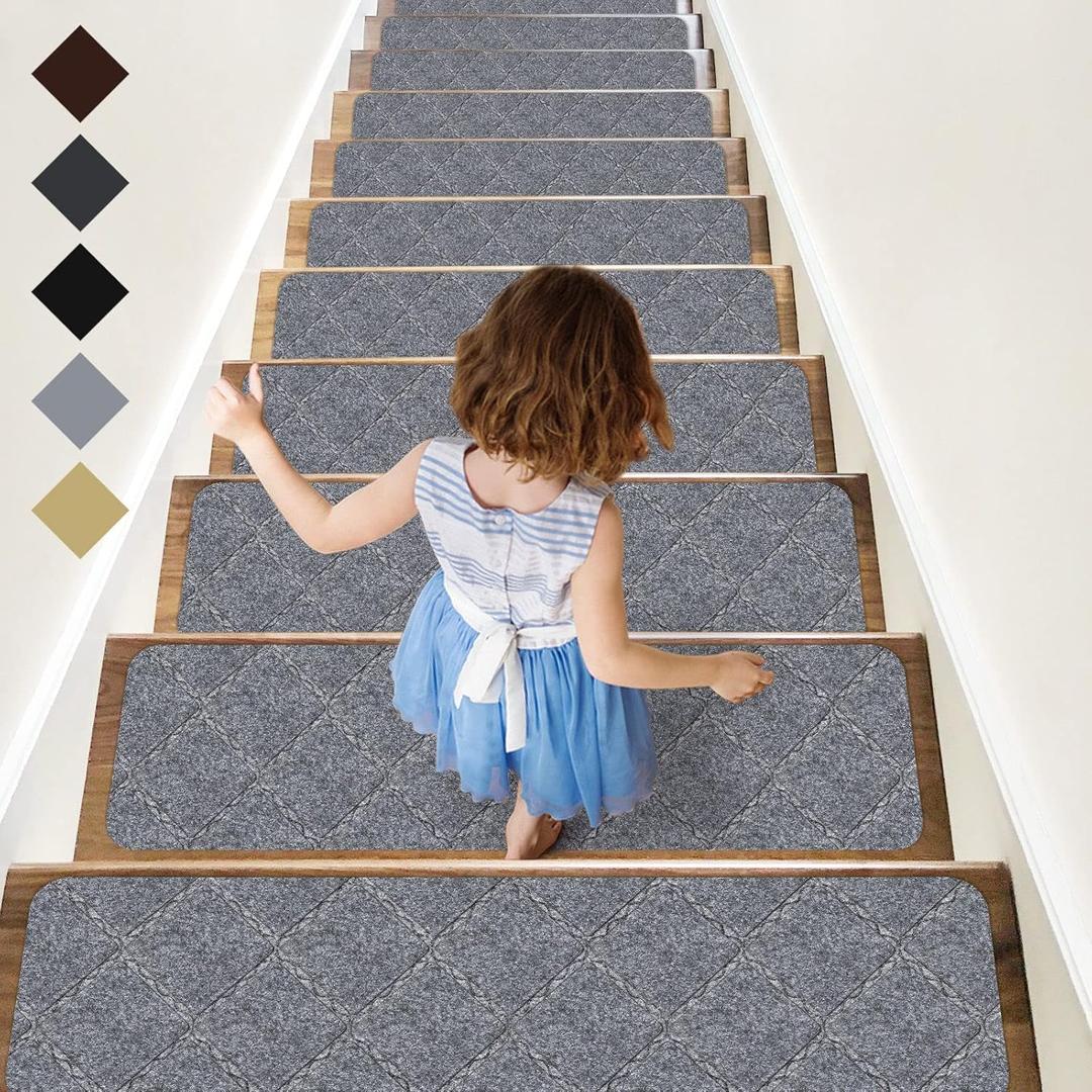 RIOLAND Stair Treads Carpet NonSlip Indoor 15 PCS Wood Stair Treads Rugs Anti Moving Modern Stair Runners Safety for Kids Dogs, 8" X 30", Diamond Gray