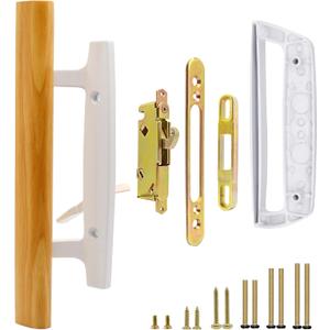 Patio Sliding Glass Door Handle with Mortise Lock 45 Keyway, Non-keyed Oak Wood Inside Handles and Zinc Diecast Outside Pull, 3-15/16" H.C., Non-Handed, White Patio Sliding Glass Door Handle with Mortise Lock 45 Keyway, Non-keyed Oak Wood Inside Handles and Zinc Diecast Outside Pull, 3-15/16" H.C., Non-Handed, White