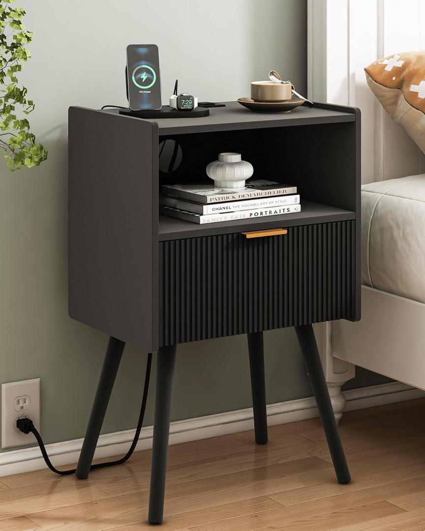 Black Nightstand with Outlet, Modern Bedside Table with Storage Drawer and Open Wood Shelf, for Living Room, Bedroom and Small Spaces, Accent Night Stand with Solid Wood Legs, Easy Assembly