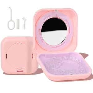 HEMILAB Retainer Case, Slim Aligner Case with Vent Holes, Compatible with Invisalign, Mouth Guard Case with Mirror, Cute Orthodontic Retainer Case with Retainer Removal Tool and Brush, Pink
