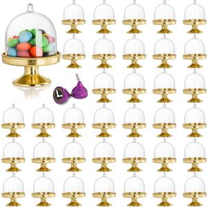 Okllen 36 Pack Mini Cake Stand with Lid, Plastic Cupcake Stand Plate Dome Cover, Clear Small Cake Display Stand for Chocolate, Dessert, Wedding, Birthday, Baby Shower, Tea Party Supplies, Gold