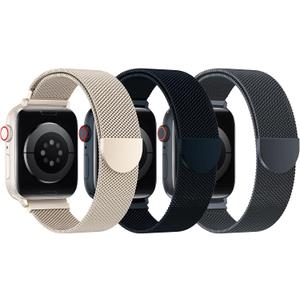 BELONGME 3 Pack Mesh Loop Compatible with Apple Watch Bands for Women Men, Stainless Steel Metal Strap Magnetic Clasp for iWatch Bands (Starlight+Midnight+Space Gray), Size: 42mm/44mm/45mm/49mm/46mm(series 10)