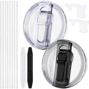 2 Pcs Spill Proof Tumbler Flip Straw Lid for Stanley Cup, 30oz Leak Proof Lid for Stanley H2.0 Quencher ProTour, with Removable Nozzle (White+Black)