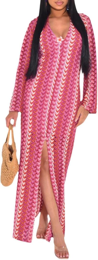 YouSexy Women's Sexy Swimsuit Crochet Maxi Dress Long Sleeve Long Beach Cover Up Dress (XL)