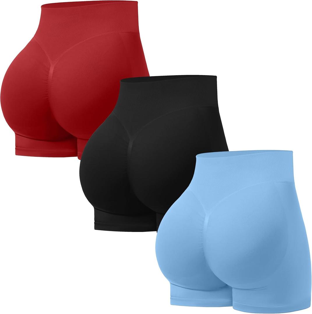 OVESPORT 3 Pack Seamless Women Workout Shorts Scrunch Butt Lifting Gym Booty Biker Shorts (Medium, Red/Black/Baby Blue)