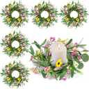 6 Pcs 9" Small Spring Wreath for Kitchen Cabinet Floral Wedding Candle Rings Wreaths Spring Summer Wildflower Wreath with Ribbon for Pillars Front Door Porch Wall Window Farmhouse Party Home Decor