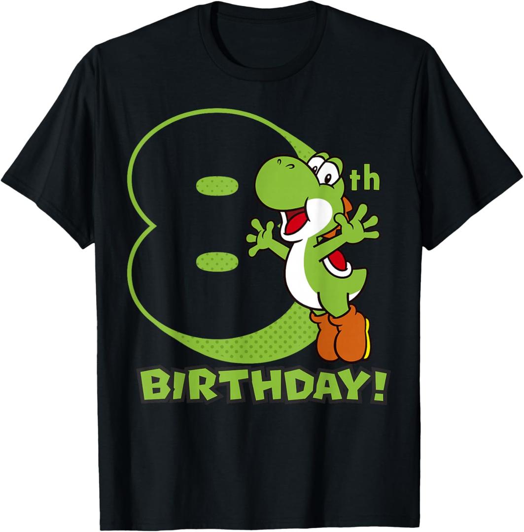 Super Mario Yoshi 8th Birthday Action Portrait T-Shirt, S, Black