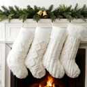 4 Pcs Christmas Plush Stockings 18 Inch Large Snow White Faux Fur Xmas Stocking with 4 Styles Textured Patterns Holiday Classic Hanging Ornaments Socks for Xmas Home Party Fireplace Decor