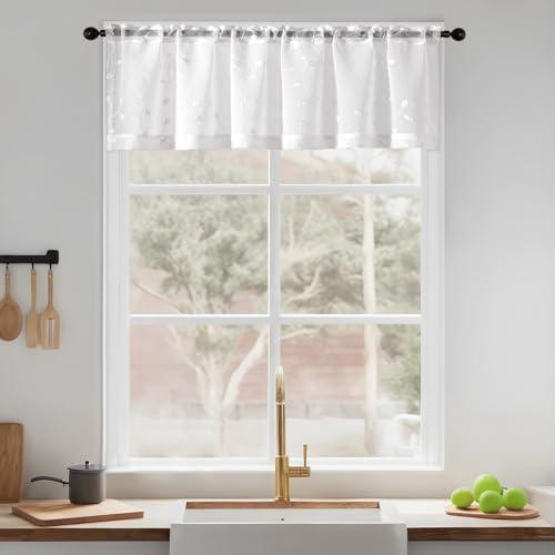 Slozzi Sheer Voile Curtain Valance Leaves Embroidered Small Window Valances Curtains 54x16 Inches 2 Panels, Rod Pocket Short Window Treatment Toppers for Bathroom Kitchen Over Sink, White Leaves