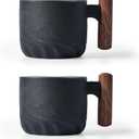 Ceramic Espresso Cups with Wooden Handle Espresso Shot Cups Ceramic Tea Cups Porcelain Demitasse Cups for Coffee or Tea, 2oz (black, 2) (3 Ounces)