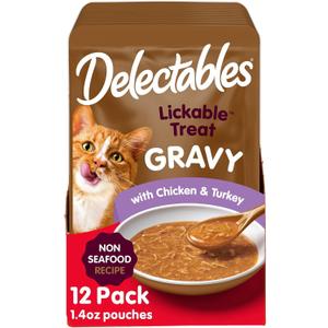 Delectables Lickable Treat Gravy Non-Seafood Wet Cat Treat with Real Chicken & Turkey, Food Topper, Hydrating, Grain-Free, No Fillers, By-Products, Added Preservatives, 1.4oz Pouch, 12ct